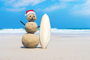 joyful Sandman of white sand on the clean beach of an exotic island on the background of blue sea...