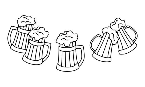 A set of vintage beer mugs with foam. Vector illustration in the doodle style. A design element for a poster, map, menu, logo, badge, beer day. Oktoberfest
