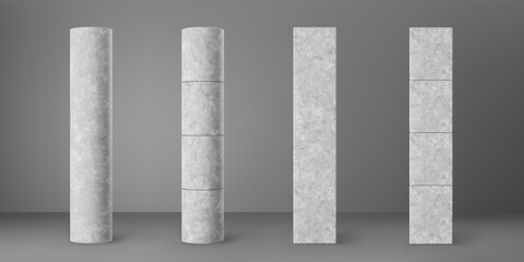 Concrete cylinder and square columns set isolated on grey background. Realistic cement 3d pillar for modern room interior or bridge construction. Vector textured concrete pole base for banner.