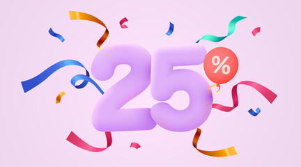 25 percent Off. Discount creative composition. 3d sale symbol with decorative confetti. Sale banner and poster.