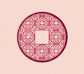 Chinese traditional window. Hand drawing of a Chinese window in colors. Vector. Illustration for card, poster, banner, label, print. Romantic and cute design.