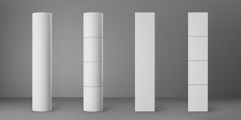 Base white cylinder and square columns set isolated on grey background. Realistic 3d pillar for modern room interior or bridge construction. Vector render pole base for banner or billboard. - obrazy, fototapety, plakaty