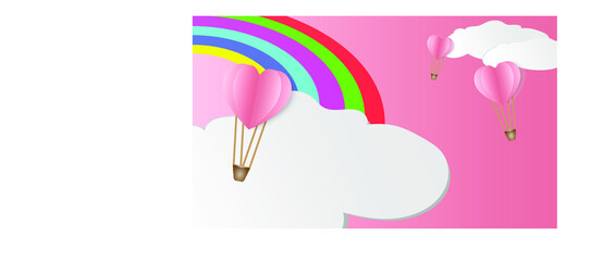 Colorful illustration isolated on pink background. Greeting cards rainbow, cloud, heart, and balloon shape.