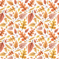 Watercolor seamless hand drawn autumn pattern. Atumn falling leaves. Endless texture. Yellow, orange, red, brown colors. Natural floral ornament.