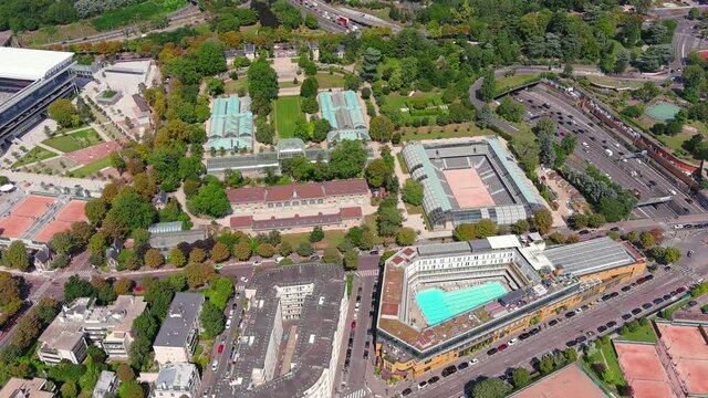 Paris: Aerial view of city, tennis stadium Stade de Roland Garros - France