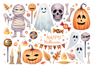 Watercolor halloween set. Hand drawn elements. Mummy, ghosts, halloween pumpkins, skull, candles, caramels, garland, bones, bonbons, autumn leaves on white background isolated.