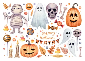 Sierkussen Watercolor halloween set. Hand drawn elements. Mummy, ghosts, halloween pumpkins, skull, candles, caramels, garland, bones, bonbons, autumn leaves on white background isolated. © tata_sphere