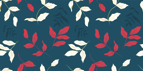 Peony white golden and red leaves seamless pattern