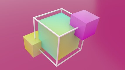 3 connected cubes on a pink background. Large cube and attached cubes inside the cube wireframe. Cube construction.