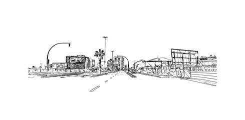 Building view with landmark of  La Manga del Mar Menor is a seaside spit of Mar Menor in the Region of Spain. Hand drawn sketch illustration in vector.