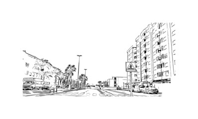 Building view with landmark of  La Manga del Mar Menor is a seaside spit of Mar Menor in the Region of Spain. Hand drawn sketch illustration in vector. - obrazy, fototapety, plakaty