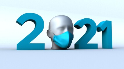 3D illustration of 2021 with face mask