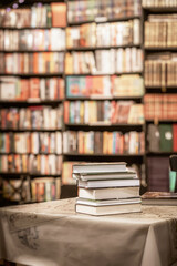 Bookstore. Pile of books on table. Education, school, study, reading, literature concept