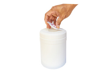 hand open white plastic box on white background