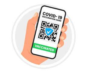 Health passport with qr code on smartphone screen. Hand holding smartphone with vaccination certificate. Concept of travel during the COVID-19 outbreak. The vaccinated person using Apps with QR code