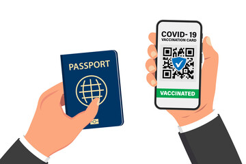Electronic COVID-19 immunity passport. Digital vaccine certificate with Qr code. The vaccinated person using QR code on mobile phone for safe travelling during the pandemic. Air tickets, boarding pass - obrazy, fototapety, plakaty