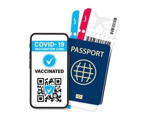 Electronic COVID-19 immunity passport. Digital vaccine certificate with Qr code. The vaccinated person using QR code on mobile phone for safe travelling during the pandemic. Air tickets, boarding pass