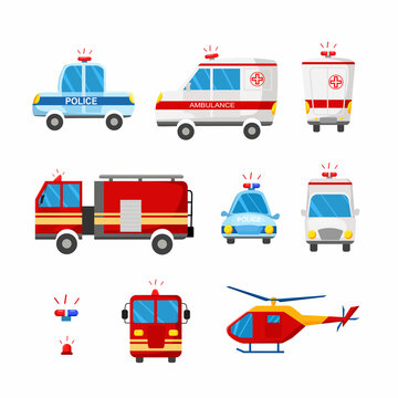 Emergency services. Cartoon vector illustration of ambulance, police car, fire truck.