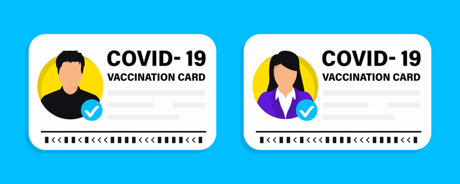 Covid-19 Vaccine Passport. Vaccination Certificate, Medical Card Or Passport For Travel In Time Pandemic. Vector Illustration Of Vaccination Card, Male And Female. International Immunity Certificate