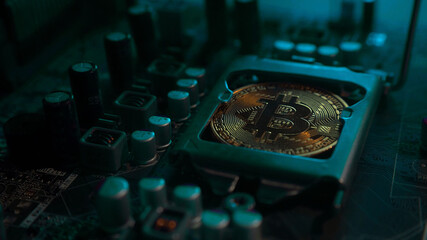 A gold Bitcoin coin with glare and reflection installed instead of a central processor in a...