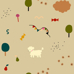 Abstract seamless pattern with village landscape ,poodle, candies,flowers,pears, garland, cloud and trees on grey background. Perfect for fabric, textile, wallpaper, kindergarten.