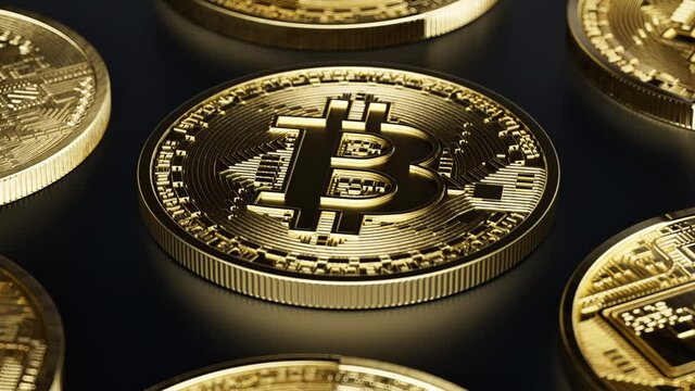 Bitcoin Crypto Currency - BTC. Macro shot of rotating bitcoins