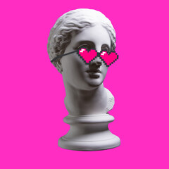 Gypsum statue Aphrodite. Creative. Plaster statue of Aphrodite's head in pixel glasses. Thug life.
