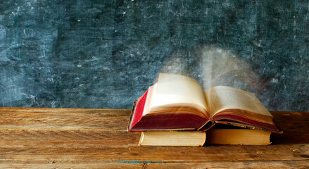 open book with flipped blurred pages.Reading,literature,education,library,home office concept, copy space