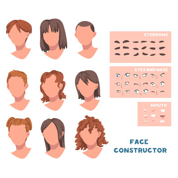 Woman Face Constructor With Head And Spare Parts Like Eyebrow, Eyes And Mouth Vector Set