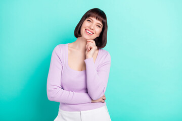 Photo portrait business woman touching chin laughing in casual clothes isolated bright teal color background