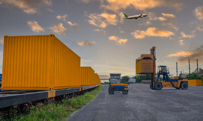 Transportation logistics and container train cargo and cargo plane flying with working crane...