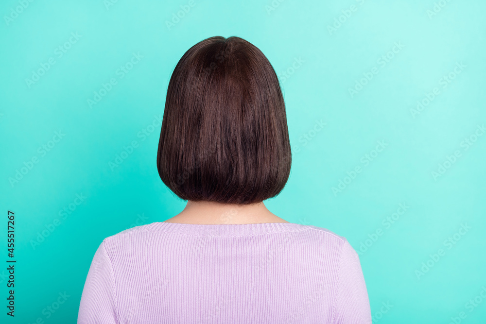 Sticker Rare view photo portrait pretty woman wearing bob hairstyle purple sweater isolated vibrant turquoise color background