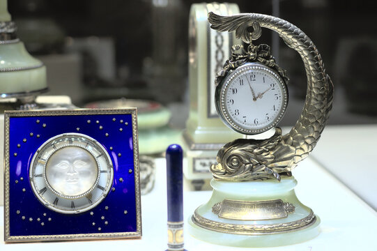 Saint Petersburg, Russia: February 20, 2019: Fancy Table Clocks on display in the Faberge Museum. 1908–1917 workmaster H. Wigström.