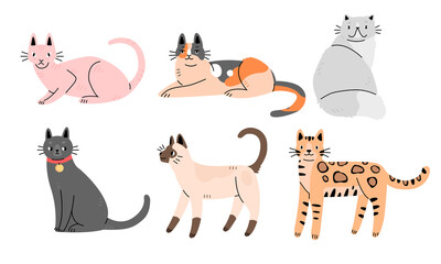 Set of cute cats of different breeds in flat cartoon style. Collection of characters of cats. Vector illustration.