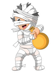 The boy with the mummy costume is holding the golden jug