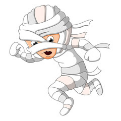 The boy is running with the mummy costume for halloween