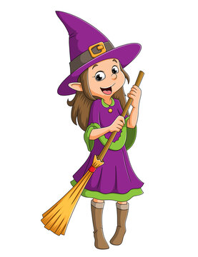 The witch girl is holding the magic broom for the halloween