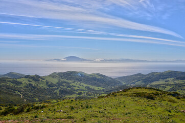 View of the Atlas Mountains in Morocco from Spain. Parque Natural del Estrecho. Tarifa, Spain.
