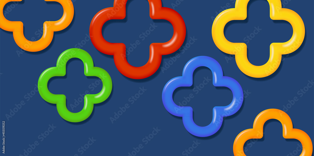 Aufkleber background with convex volume cross shapes, linear rounded plus symbols