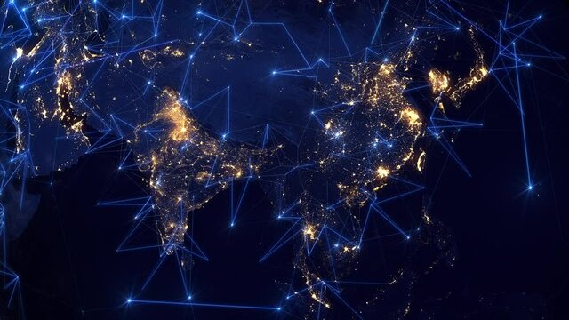 Bright Connections Forming a Network Over Asia. Line and Dot Animations Representing Satellite, Mobile and Technological Signals. Global Telecommunication. Big Data
