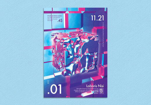 Futuristic Abstract Iridescent Metal Cube Design Poster Layout