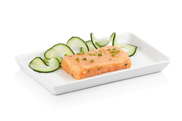 Salmon tartar plate on white background. Asian food