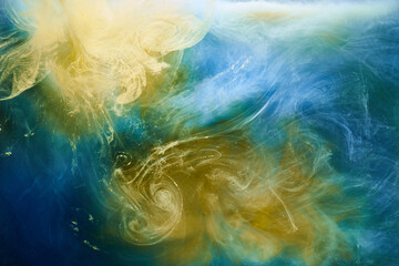 Earth colors abstract background, colorful smoke paint underwater, swirling ink in water, exoplanet blue yellow sea ocean