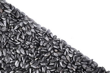 Heap of black sunflower seeds close-up on a white background with copy space