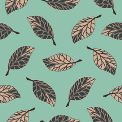 Seamless vector pattern with falling leaves on grey blue background. Simple nature texture wallpaper design. Decorative soft plant fashion textile.