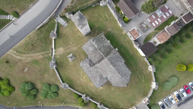 Drone view at Saint Filiberto church at Pella on lake of Orta in Italy