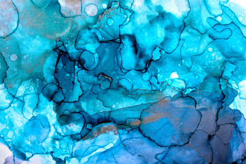 Luxury abstract background in alcohol ink technique, indigo blue gold liquid painting, scattered acrylic blobs and swirling stains, printed materials