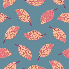 Seamless vector pattern with autumn leaves on grey background. Simple seasonal forest wallpaper design. Decorative botany fashion textile.