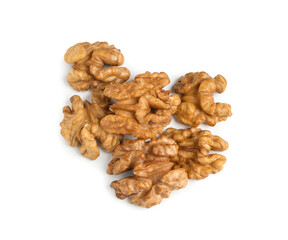 Pile of peeled walnuts on white background, top view