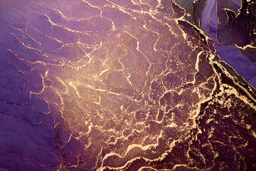 Luxury abstract background in alcohol ink technique, purple gold liquid painting, scattered acrylic blobs and swirling stains, printed materials
